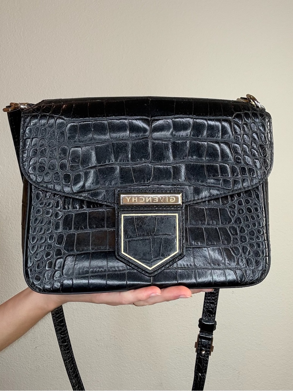 Givenchy Black Croc-Embossed Leather Crossbody with Gold Hardware